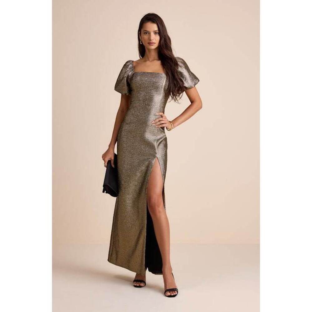 Lulus Celestina Bronze Lurex Puff Sleeve Mermaid Maxi Dress Gold - Size XL